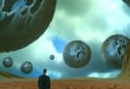 A surreal image of a person standing in the middle of an empty, vast landscape with large, intimidating voids in the ground, symbolizing the fear of empty spaces, with dark, looming skies above.