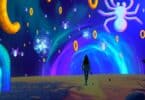 A dreamlike cosmic landscape where floating symbols of common dreams—giant translucent spiders, swirling golden coins, cascading blue water, and glowing archways—hover in the air. A mysterious figure walks among them, reaching toward an ethereal portal leading into the unknown. The colors shift between deep purples and neon blues, enhancing the dreamlike atmosphere.