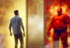 A surreal digital painting of a person standing before two mirrors. One reflection radiates confidence, bathed in warm golden light, while the other distorts into an exaggerated, overgrown figure with sharp red hues. The scene is set in a misty void, with floating abstract symbols representing self-perception and internal struggle. The mirrors are cracked slightly, emphasizing fragility.