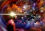 A conceptual image of a person surrounded by swirling thoughts and images in a chaotic mental space, with a calming light breaking through, symbolizing clarity and peace breaking through overthinking.