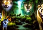 A dramatic image of wild animals such as wolves, lions, and bears in a forest, with their eyes glowing and a sense of raw power, symbolizing instincts, freedom, and inner strength.