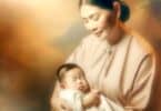 A tender and emotional image of a person holding a baby in their arms, bathed in soft light, symbolizing love, care, and protection. The baby is peacefully sleeping, evoking warmth and security.