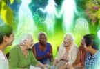 A peaceful image of a family gathering in a serene garden, with faint, glowing spirits of loved ones in the background, symbolizing connection, remembrance, and spiritual communication.