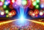 A vibrant and colorful image of a night sky filled with dazzling fireworks, lighting up a joyful crowd below, symbolizing celebration, excitement, and moments of joy.