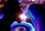 A surreal, dreamy depiction of two silhouetted figures locked in a passionate kiss beneath a swirling starry sky. Their lips emit a soft ethereal glow, as the universe around them bends and twists, symbolizing deep emotions, longing, and subconscious desires. The color palette consists of deep purples, golds, and cosmic blues.