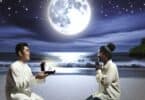 A romantic and surreal image of a couple on a moonlit beach, with one partner kneeling, holding a ring, and the other surprised and emotional, symbolizing love and commitment.