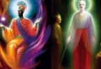 A symbolic image of two figures, one surrounded by a glowing aura of pride and arrogance, and the other in a calm, peaceful light, representing the contrast between ego and healthy self-esteem.